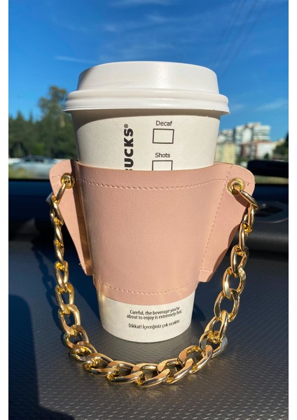 Kadın Pudra Zincirli Coffee Cup Sleeve Deri Bardak Tutacağı