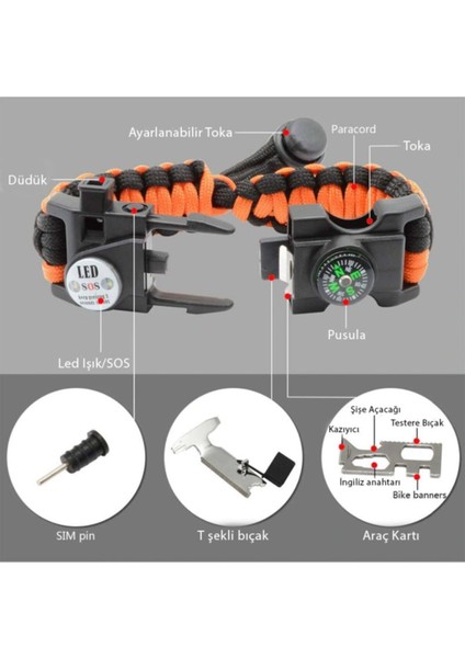 Paracord Hayatta Kalma Bilekliği Turuncu-Siyah