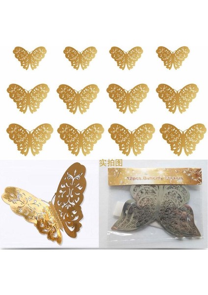 Ev Dekorasyon 3D Metalik Pirinç Renk Oyma Pvc Kelebek 12 Li Süsleme Model indirimleri