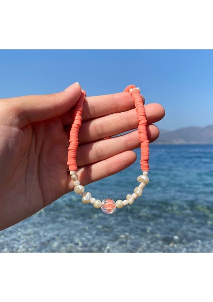 Turuncu Beyaz Renkli Boncuk Fimo Kolye