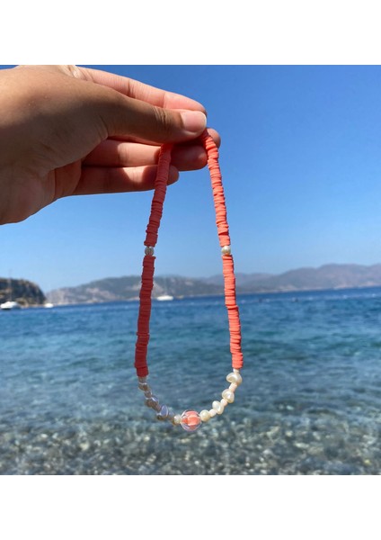 Turuncu Beyaz Renkli Boncuk Fimo Kolye