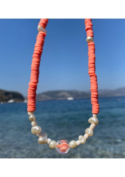 Turuncu Beyaz Renkli Boncuk Fimo Kolye