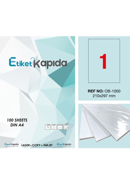 Etiket Kapıda A4 Yapışkanlı Hazır Etiket  Laser Etiket 210 x 297 mm   100 Sayfa