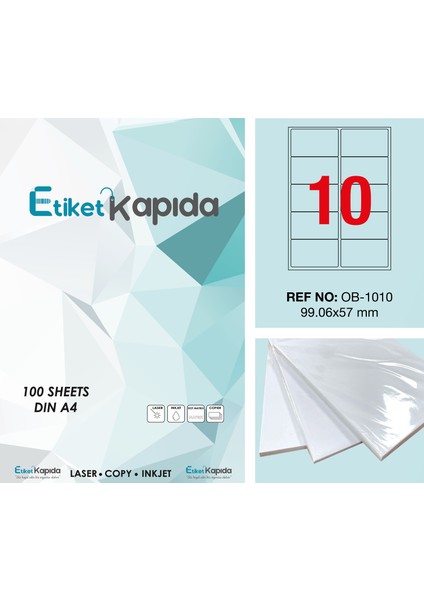 A4 Yapışkanlı Hazır Etiket Laser Etiket 99,6 x 57 mm 100 Sayfa 1000 Etiket