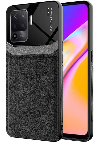 - Oppo Reno 5 Lite - Kılıf Deri Görünümlü Parlak Mika Tasarımlı Emiks Kapak - Siyah - T17568