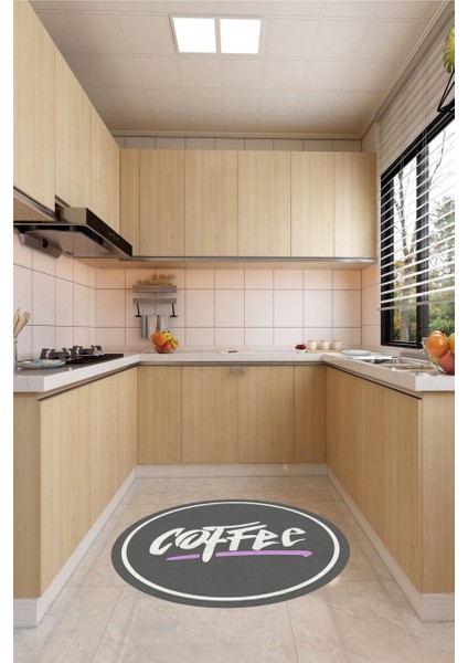 Coffee Yazılı Gri Yuvarlak Halı (Makinede Yıkanabilir)