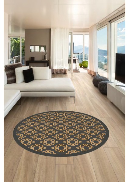 Kahverengi Klasik Desenli Yuvarlak Halı (Makinede Yıkanabilir)
