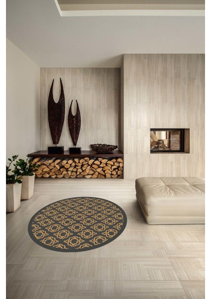 Kahverengi Klasik Desenli Yuvarlak Halı (Makinede Yıkanabilir)