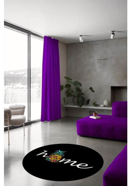 Ananas Desenli Home Yazılı Yuvarlak Halı (Makinede Yıkanabilir)