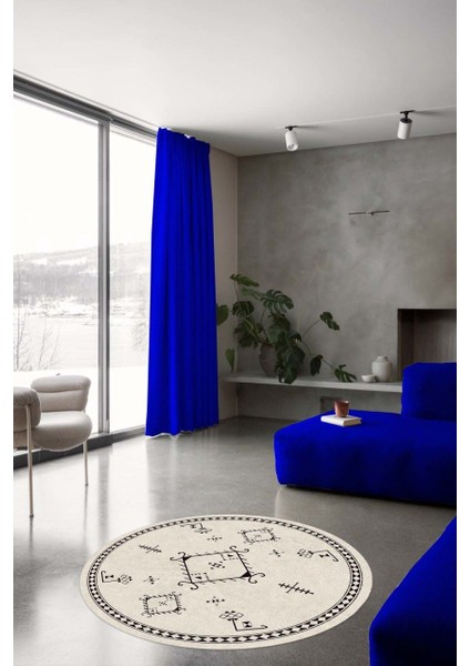 Siyah Geometrik Şekilli Kilim Desenli Yuvarlak Halı (Makinede Yıkanabilir)
