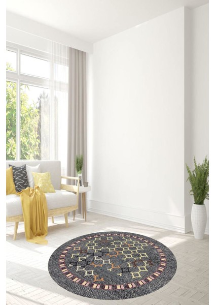 Gri Kilim Desenli Yuvarlak Halı (Makinede Yıkanabilir)