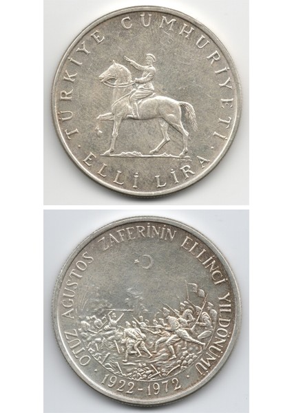 50 Lira (1972) 30 Ağustos Zaferinin 50. Yıldönümü Çil Gümüş Hatıra Para