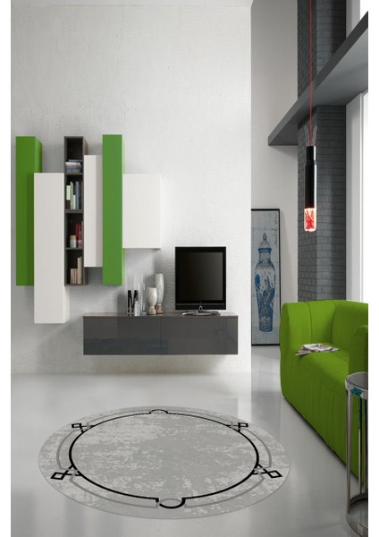 Modern Kenar Süslemeli Gri Yuvarlak Halı (Makinede Yıkanabilir)