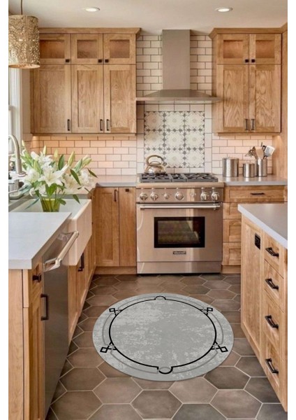 Modern Kenar Süslemeli Gri Yuvarlak Halı (Makinede Yıkanabilir)