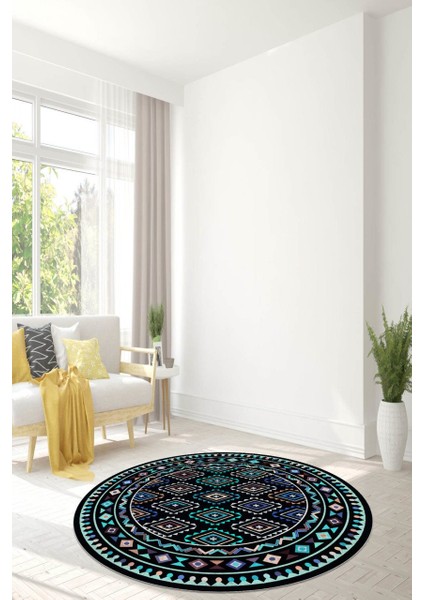 Kilim Desenli Peru Stili Yuvarlak Halı (Makinede Yıkanabilir)