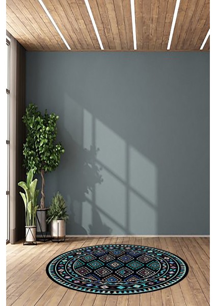 Kilim Desenli Peru Stili Yuvarlak Halı (Makinede Yıkanabilir)