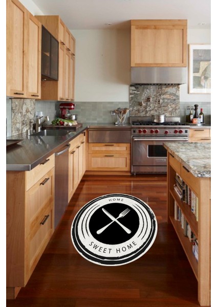 Siyah Beyaz Home Sweet Home Yazılı Yuvarlak Halı (Makinede Yıkanabilir)