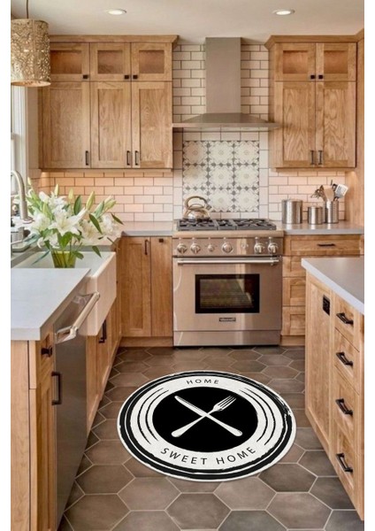 Siyah Beyaz Home Sweet Home Yazılı Yuvarlak Halı (Makinede Yıkanabilir)