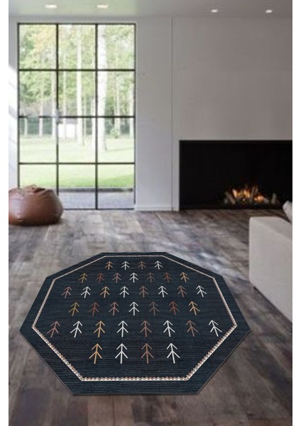 Kilim Desenli Siyah Sekizgen Makinada Yıkanabilir Yuvarlak Halı (Makinede Yıkanabilir)