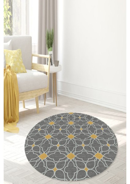 Sarı Motifli Dijital Baskı Renkli Yuvarlak Halı (Makinede Yıkanabilir)