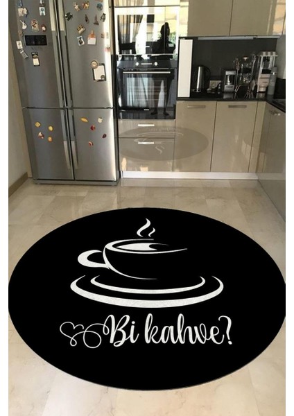 Kahve Desenli Siyah Yuvarlak Mutfak Halısı (Makinede Yıkanabilir)