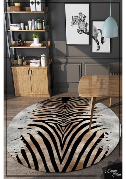 Zebra Desenli Yuvarlak Halı (Makinede Yıkanabilir)