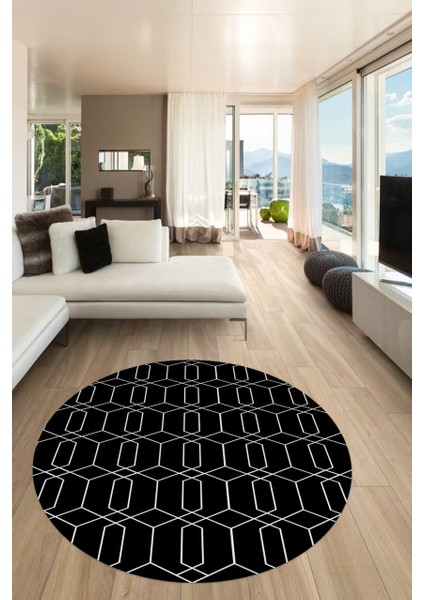 Siyah Kristal Desenli Yuvarlak Halı (Makinede Yıkanabilir)