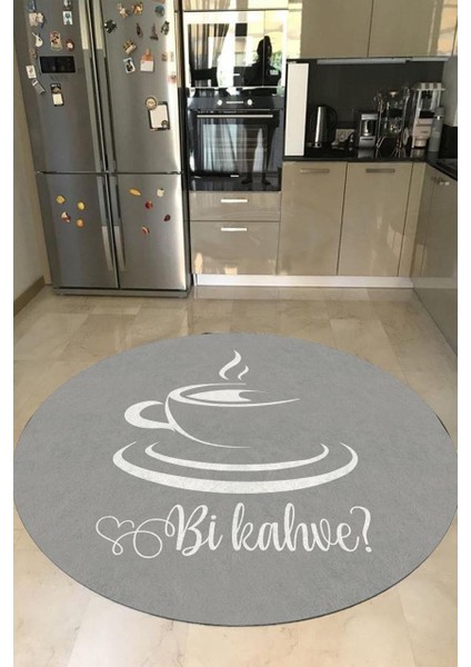 Kahve Desenli Gri Yuvarlak Mutfak Halısı (Makinede Yıkanabilir)