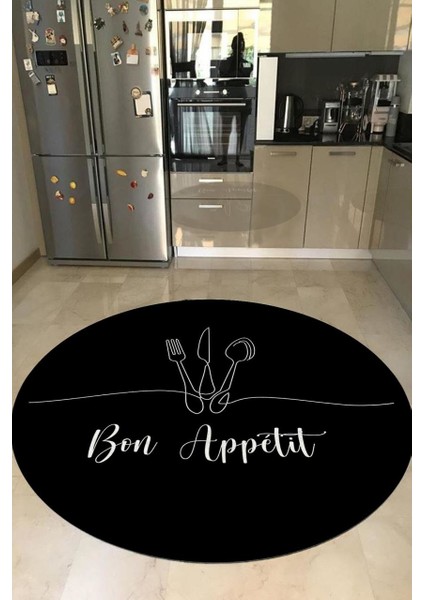 Siyah Bon Appetit Yazılı Yuvarlak Mutfak Halısı (Makinede Yıkanabilir)