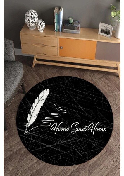 Tüy Desenli Home Sweet Home Yazılı Yuvarlak Halı (Makinede Yıkanabilir)