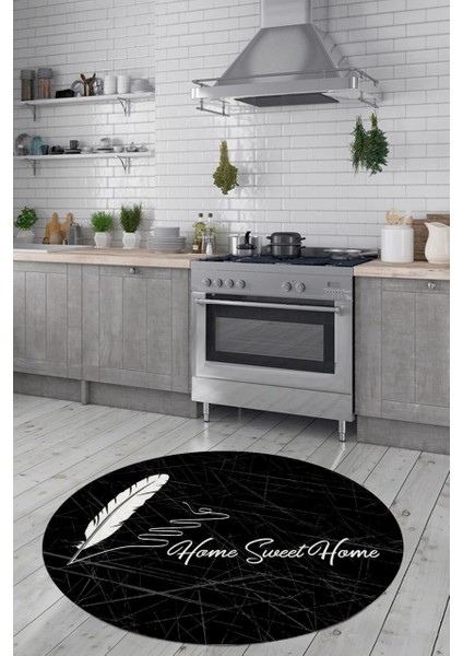 Tüy Desenli Home Sweet Home Yazılı Yuvarlak Halı (Makinede Yıkanabilir)
