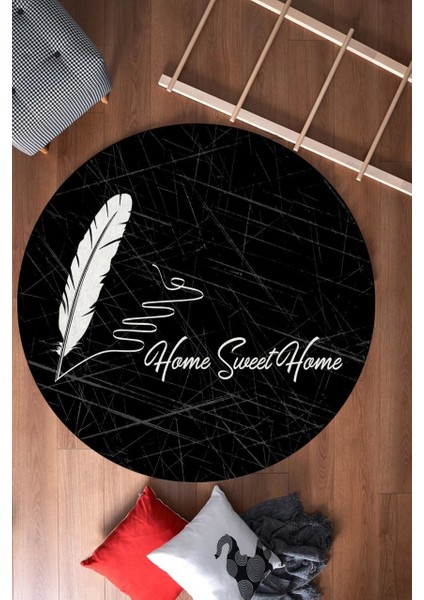 Tüy Desenli Home Sweet Home Yazılı Yuvarlak Halı (Makinede Yıkanabilir)