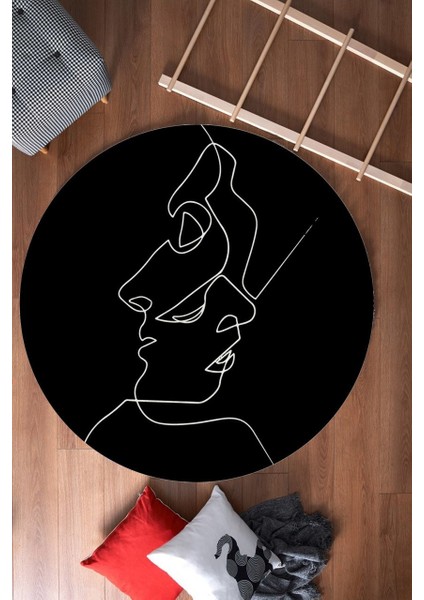 Minimalist Desenli Makinada Yıkanabilir Yuvarlak Halı (Makinede Yıkanabilir)