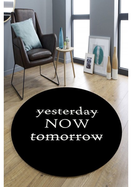 Yesterday Yazılı Makinada Yıkanabilir Yuvarlak Halı (Makinede Yıkanabilir)