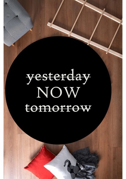 Yesterday Yazılı Makinada Yıkanabilir Yuvarlak Halı (Makinede Yıkanabilir)