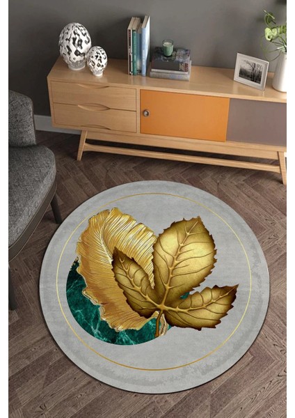 Gold Yaprak Desenli Gri Yuvarlak Halı (Makinede Yıkanabilir)