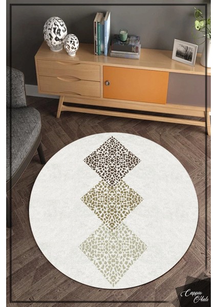 Kare Taş Desenli Beyaz Yuvarlak Halı (Makinede Yıkanabilir)