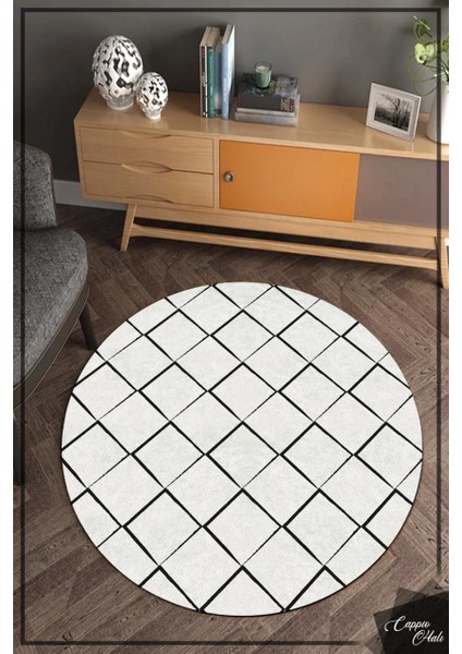 Kristal Desenli Beyaz Yuvarlak Halı (Makinede Yıkanabilir)