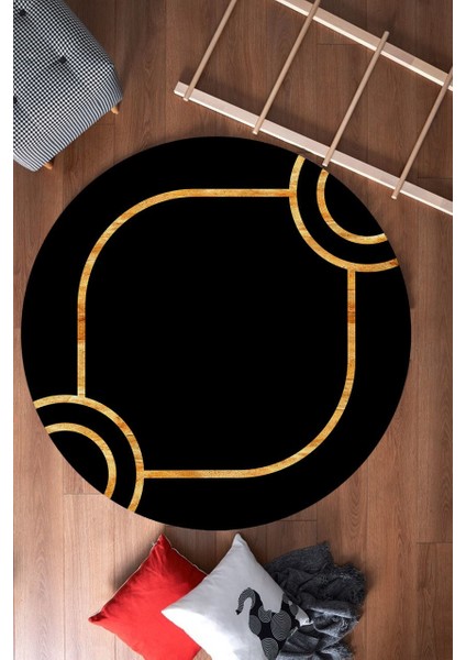 Gold Modern Çerçeveli Desenli Siyah Yuvarlak Halı (Makinede Yıkanabilir)