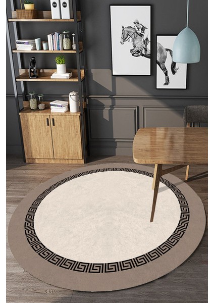 Kenarı Klasik Desenli Cappuccino Yuvarlak Halı (Makinede Yıkanabilir)