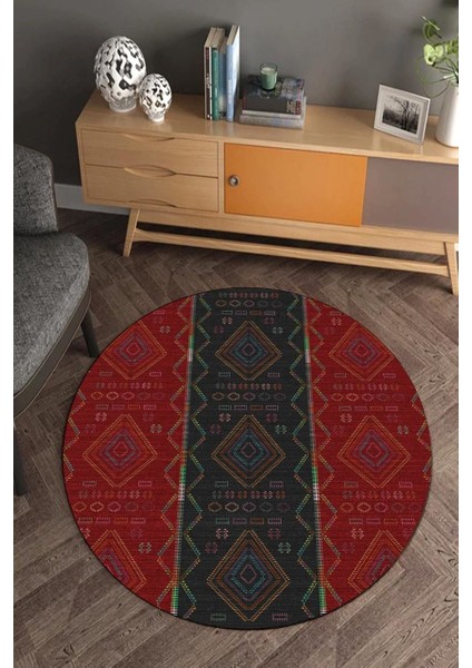 Kilim Desenli Kırmızı-Siyah Yuvarlak Halı (Makinede Yıkanabilir)