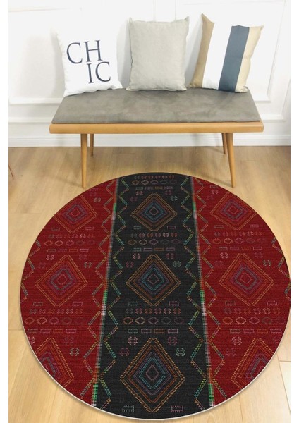 Kilim Desenli Kırmızı-Siyah Yuvarlak Halı (Makinede Yıkanabilir)