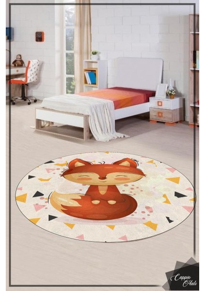 Tilki Desenli Çocuk Odası Yuvarlak Halı (Makinede Yıkanabilir)