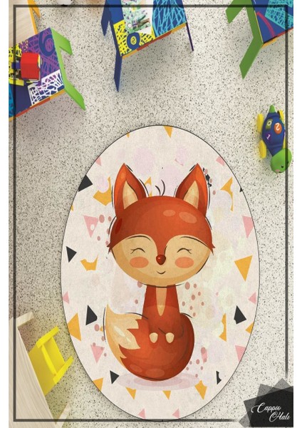 Tilki Desenli Çocuk Odası Yuvarlak Halı (Makinede Yıkanabilir)