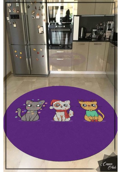Sevimli Kedi Desenli Mor Yuvarlak Mutfak Halısı (Makinede Yıkanabilir)