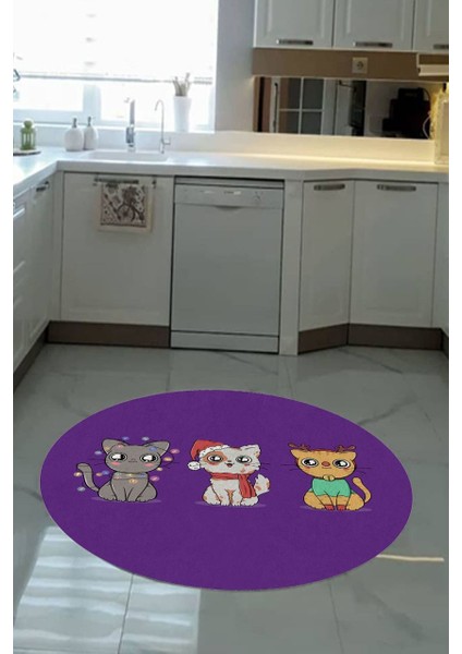 Sevimli Kedi Desenli Mor Yuvarlak Mutfak Halısı (Makinede Yıkanabilir)