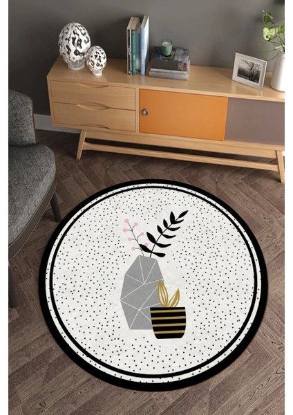 Benekli Saksı Desenli Yuvarlak Halı (Makinede Yıkanabilir)