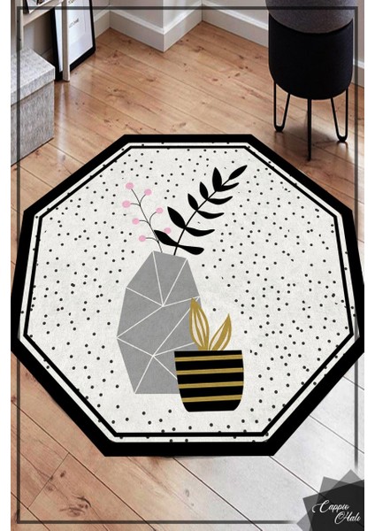 Benekli Saksı Desenli Sekizgen Yuvarlak Halı (Makinede Yıkanabilir)