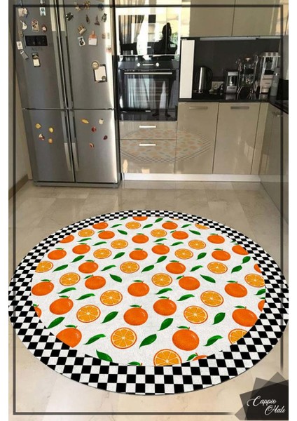 Portakal Dama Desenli Yuvarlak Halı (Makinede Yıkanabilir)
