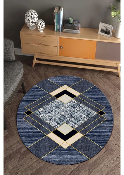 Kristal Göbekli Lacivert Yuvarlak Halı (Makinede Yıkanabilir)